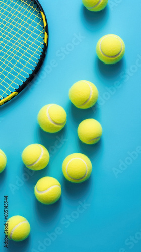 Tennis racket and balls on blue background. Top view with copy space © Art AI Gallery