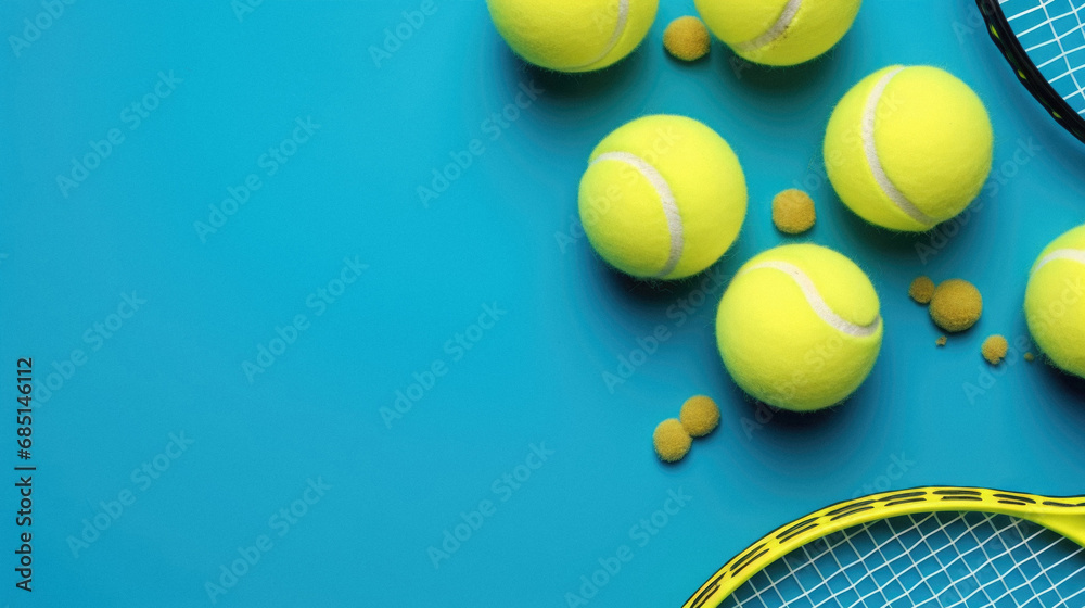 Tennis balls and racket on blue background. Top view with copy space