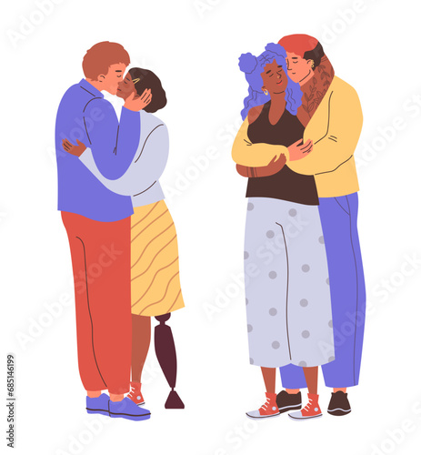 Set of cute hugging and kissing couples flat style  vector illustration