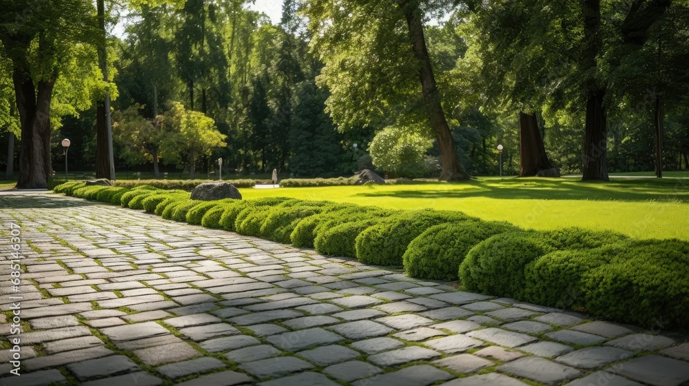 Obraz premium City green living: new grass carpet along stone pavement in a sunny park.