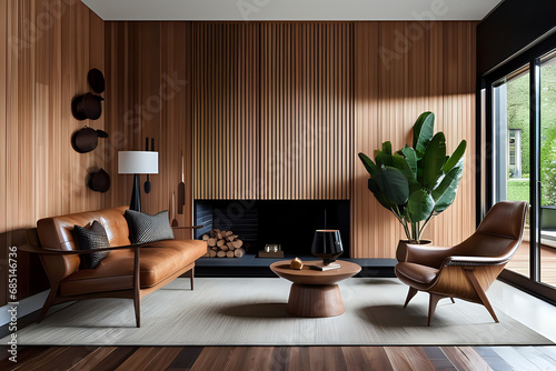 Elegant modern wooden living room with leather mid century armchair. Close up photo