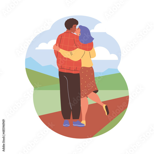 Two lovers hugging and kissing back view, romantic couple spend time together on a walk outside, vector enamored pair