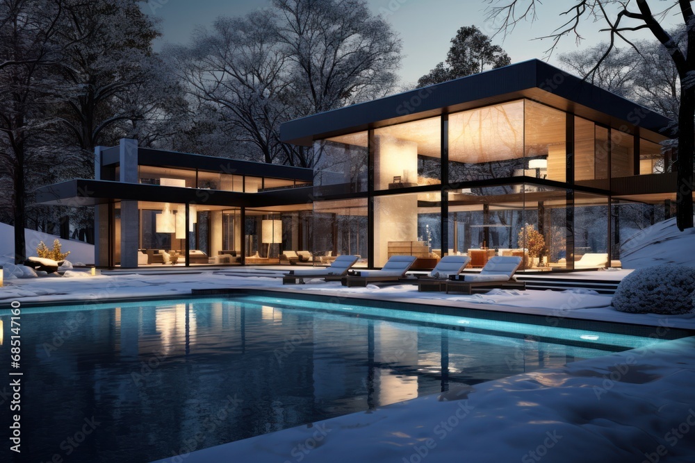 An opulent modern home shines with elegant evening lighting, highlighting its sleek design and inviting pool