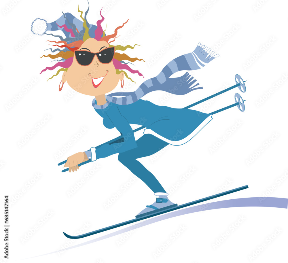 Naklejka premium Skiing young woman illustration. Winter sport. Young skier woman. Isolated on white background 