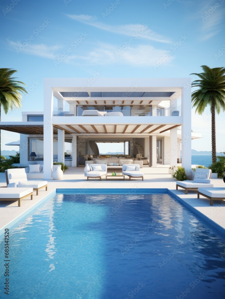Obraz premium Modern luxurious home with expansive poolside patio and ocean horizon in background under clear skies