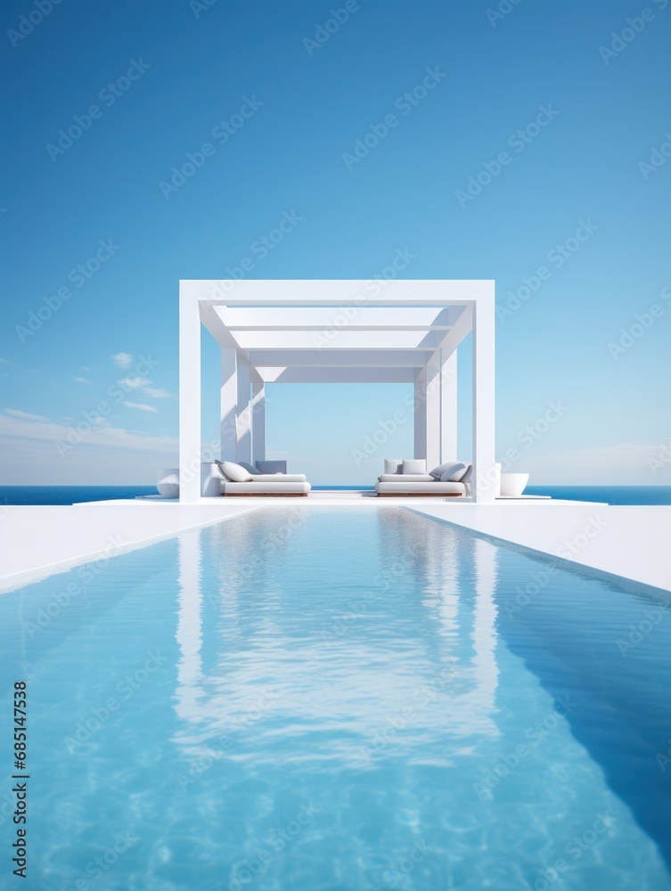 Stylish minimalist infinity pool blending with the sea horizon on a bright day, embodying calm and luxury