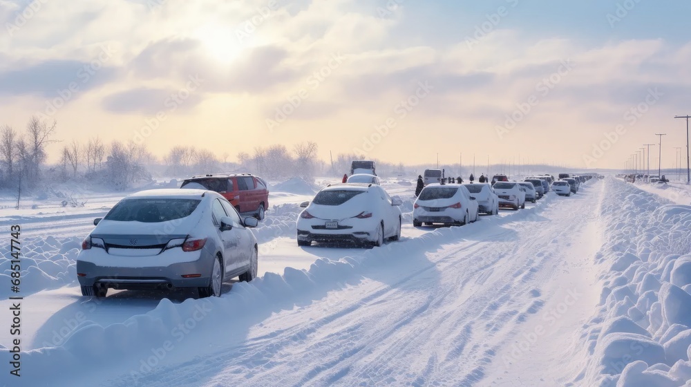 Snowy traffic standstill: scenic view of cars stuck on a dirt snow-covered road. winter hazards and urban congestion.