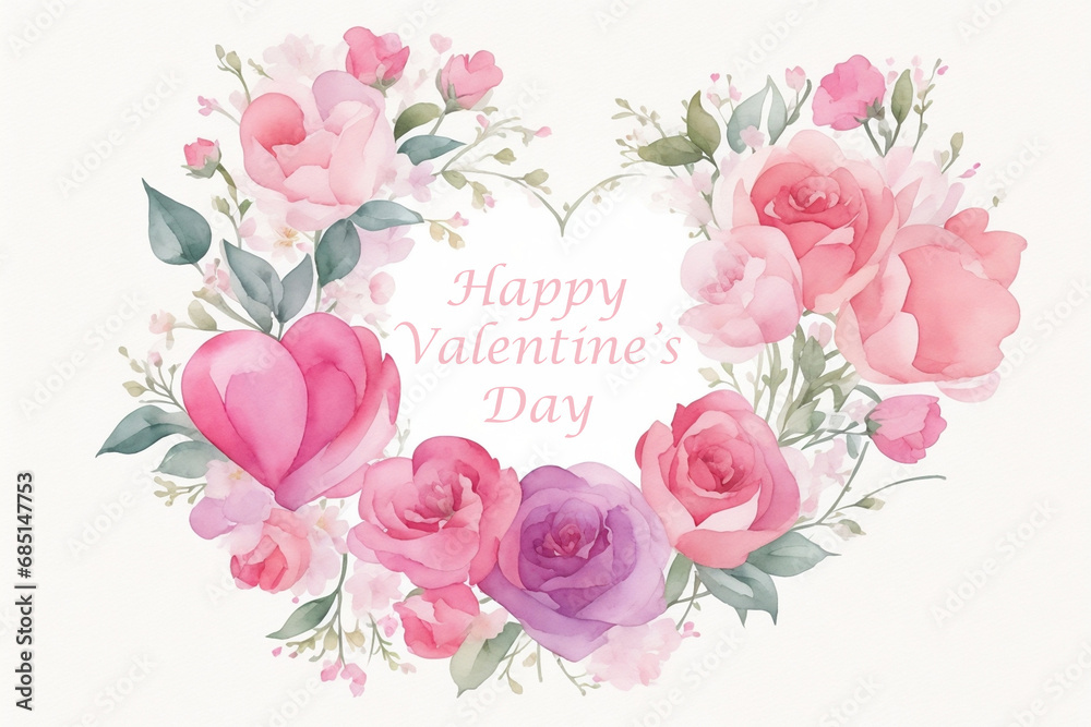  Template with watercolor flowers and heart. Happy Valentine's Day. AI 