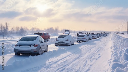 Snowy traffic standstill: scenic view of cars stuck on a dirt snow-covered road. winter hazards and urban congestion.