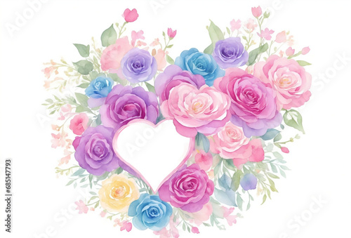  Template with watercolor flowers and heart shape. Decor for Valentine s Day. AI 