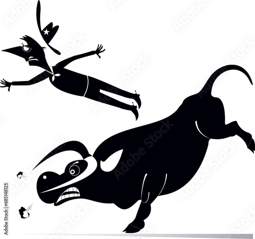Farmer or cowboy and angry bull illustration. 
Rodeo. Cartoon farmer or cowboy falls down from the bull. Black on white background
