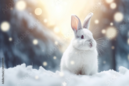 Enchanting white rabbit sits serenely amidst snowy landscape  its fur glowing softly in the warm light of winter sunrise.Greeting cards  calendars  and promotional materials.Beauty of nature in winter