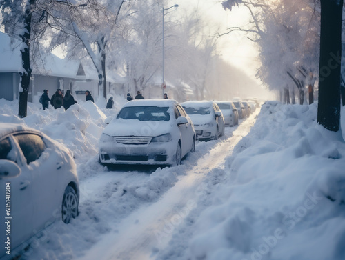 Cars stuck in a snow-covered road, AI generated © David Brown