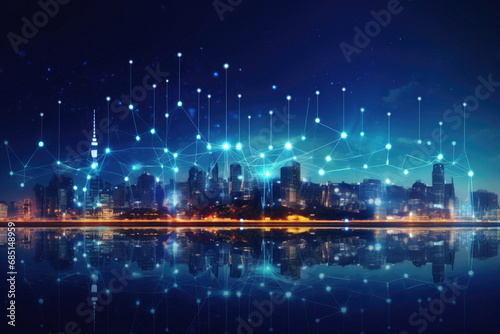 Modern cityscape at night with connection lines and icons over water surface
