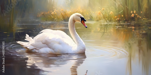 painting style illustration of white swan swimming in nature pond, Generative Ai photo