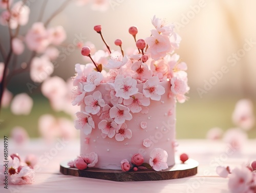 pink cherry blossom fondant cake decorated with icing flowers, birthday cake idea design, Generative Ai