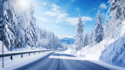 Scenic winter drive: alpine road with tunnel, mountains, and bright sky