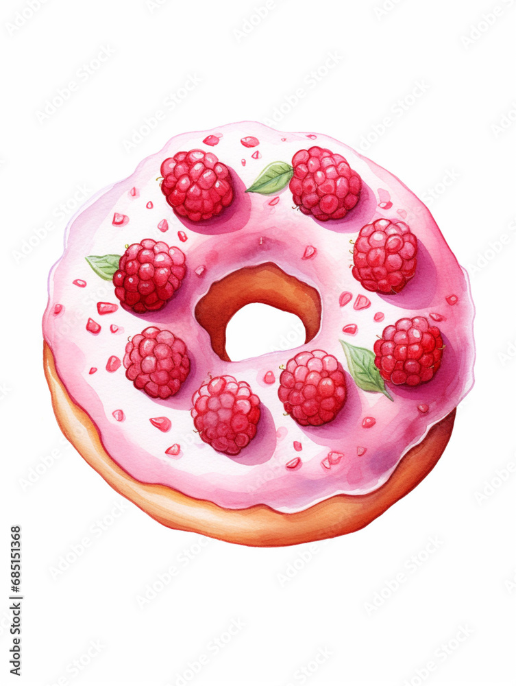 Fototapeta premium Raspberry pink donut with sprinkles. Watercolour illustration isolated on white background.