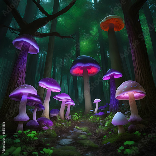 Enchanted Forest with Colorful Mushroom