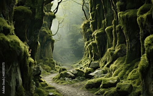 Green forest in the morning with a pathway.