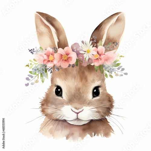 Cute Easter Bunny Rabbit with Flower Crown. Watercolour illustration Isolated on white background.