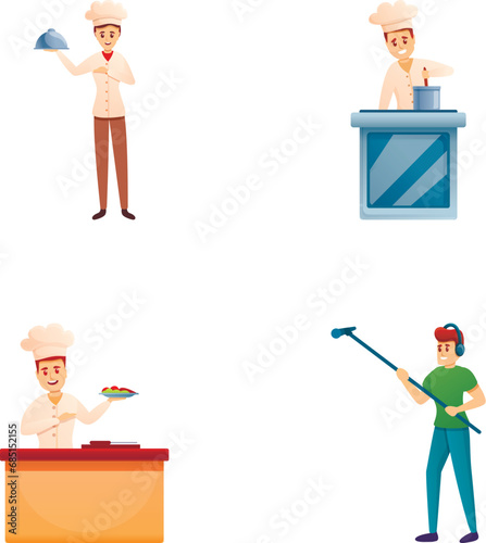 Culinary show icons set cartoon vector. Television crew recording tv show. Culinary course, training class