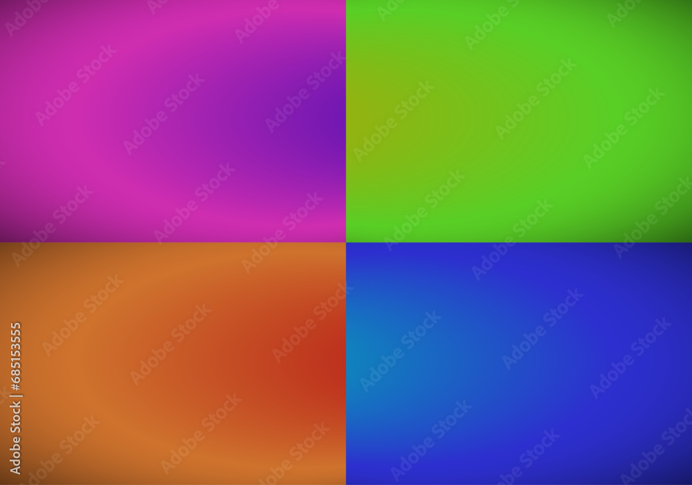 Fondo de cuatro colores degradados radiales en fucsia morado, verde, naranja y azul 