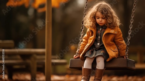 Evoke emotion: little girl alone on seesaw at outdoor playground. photo