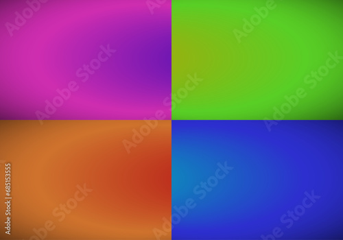 Fondo de cuatro colores degradados radiales en fucsia morado, verde, naranja y azul 