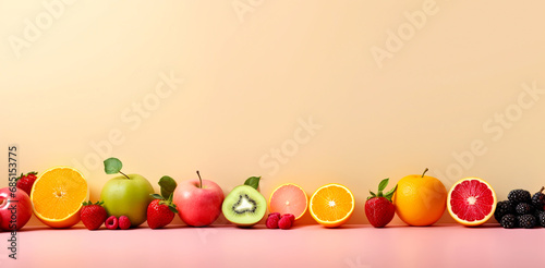 Various fruits healthy food concept Arrange a beautiful view Including fruits with high vitamins, fresh fruits such as oranges, apples, grapes, etc., with space on a pastel background.