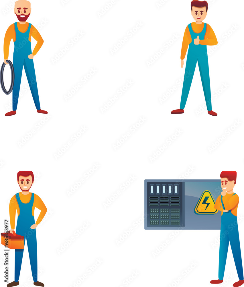 Electrician icons set cartoon vector. Switch board wiring maintenance job. Technician character, renovation work Electrician icons set cartoon vector. Switch board wiring maintenance job. Technician character, renovation work