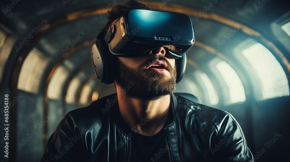 mmersive virtual reality experience: man engaged in virtual world exploration mmersive virtual reality experience: man engaged in virtual world exploration