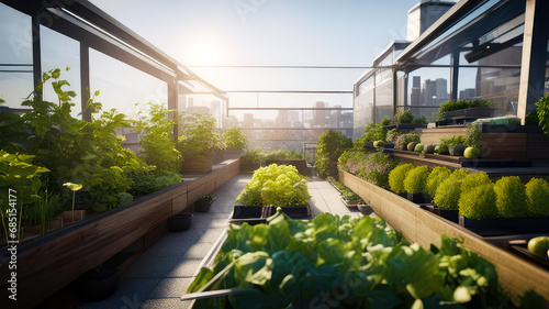 Rooftop vegetable and herb garden, with rows of thriving plants and a sustainable gardening setup. Generative AI photo