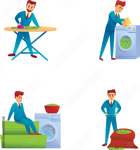 Laundering money icons set cartoon vector. Businessman washing and ironing money. Dirty money, corruption, fraud
