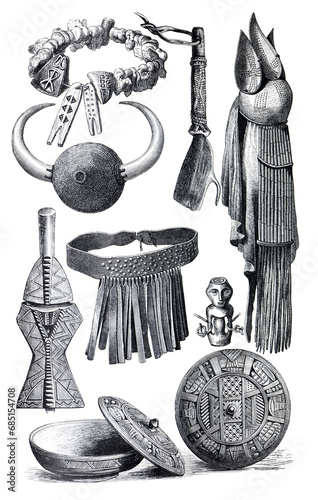 Vintage hand drawn Asian traditional culture vintage or retro illustration. Tribal art. Traditional symbols. old cultural african music instruments or shamanism objects.