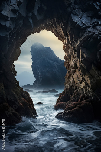 rocky archway with a view of the deep blue ocean and a large, pointed rock formation, under a slightly cloudy sky. ai generative