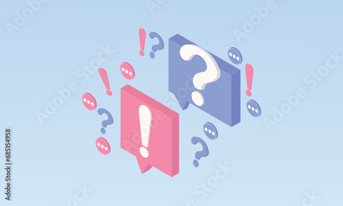3d minimal QA Speech bubble with question and exclamation mark icon. Talk message box with question sign. FAQ symbol concept.on pastel background