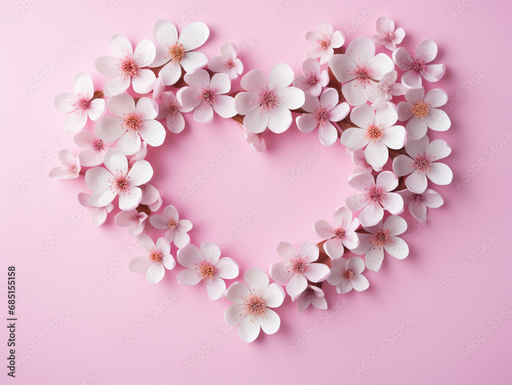 Floral heart shape border with flower paper heart on pink background for Valentines, Women, Mother Day greeting invitation graphic design. In Love. Floral heart shape border with flower paper heart on pink background for Valentines, Women, Mother Day greeting invitation graphic design. In Love.