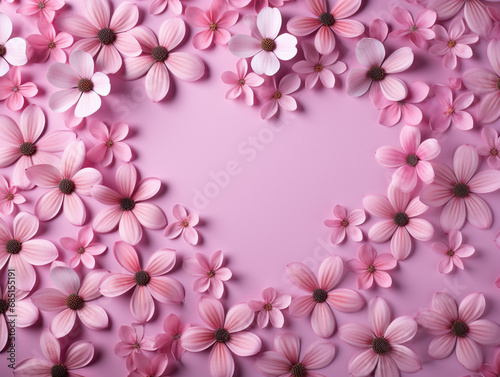 Floral heart shape border with flower paper heart on pink background for Valentines, Women, Mother Day greeting invitation graphic design. In Love.