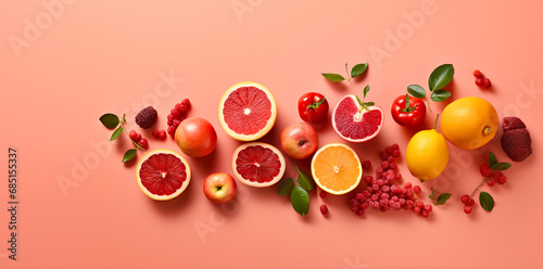 Various fruits healthy food concept Arrange a beautiful view Including fruits with high vitamins  fresh fruits such as oranges  apples  grapes  etc.  with space on a pastel red background.