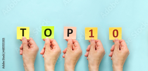 Top 10 word written on color paper cards BIAS text on blue table for your design, concept.