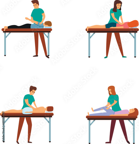 Massage icons set cartoon vector. Masseur therapist doing healing treatment. Manual physical therapy