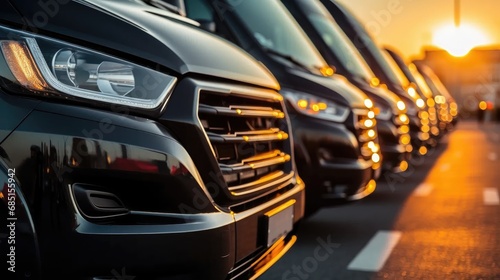 Illuminate luxury: close-up headlight view of black vans at sunset. commercial transport and VIP charter fleet, a symbol of automotive excellence.