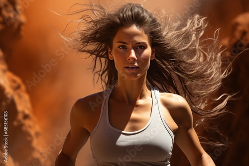 Female runner triumphs over challenging terrain kicking up sand, runner image