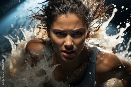 Dynamic action as female runner navigates water obstacle in race, runner image