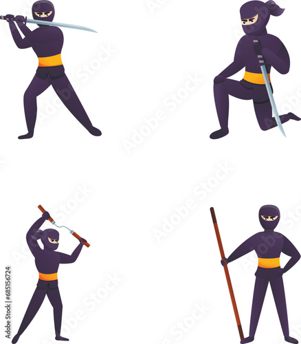 Ninja fighter icons set cartoon vector. Ninja character in fighting pose. Asian character in mask