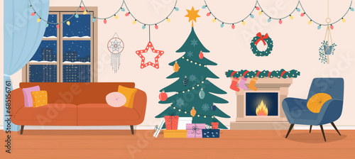 Living room Christmas interior. Comfortable sofa, Christmas tree,  window, chair and fireplace. Vector flat illustration