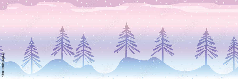 Minimalistic winter landscape, cartoon nature, forest and falling snow, seamless border, vector illustration