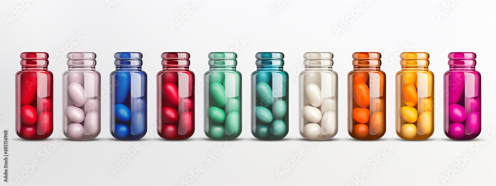 pills scattered and in jars on a white background. medicine pills.Generative AI pills scattered and in jars on a white background. medicine pills.Generative AI
