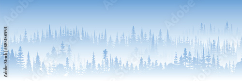 Winter landscape, cartoon nature, forest in the fog, vector illustration